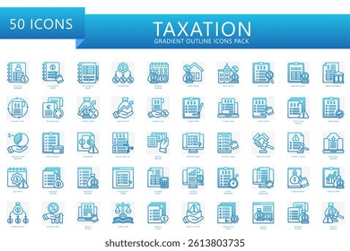 Taxation gradient outline icons set. Contain billing, tax, allocation, report, form, earning, deadline, document, alert, notice and more. vector for economy, business, UI, UX, web and app development.