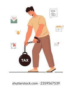 Taxation, High Personal Income Tax Rates. A man hardly lifts a large weight with Tax chained to him. large taxpayers. Cartoon flat vector illustration.	
