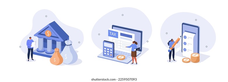 Taxation illustration set. Characters preparing tax declaration, making income tax refund and calculating business invoices. Financial management concept. Vector illustration.