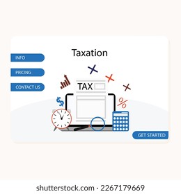 Taxation landing page, online service contact with financial department. Vector tax liability planning, tax relief and taxable, taxpayer online calculator, online filing and online tax illustration