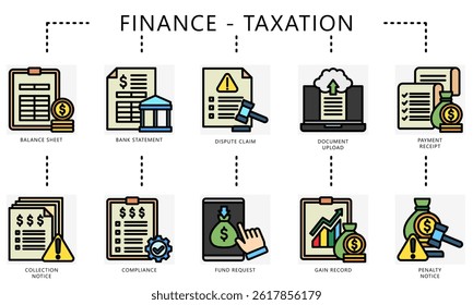 Taxation outline color icons set. Contain balance sheet, notice, bank statement, compliance, fund, payment, receipt, penalty and more. Vector for UI, UX kit, digital, print, web and app development.