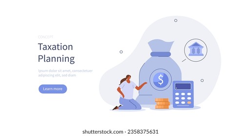 Taxation planning. Character calculating taxes for public finance organization. Tax law authority concept. Vector illustration.