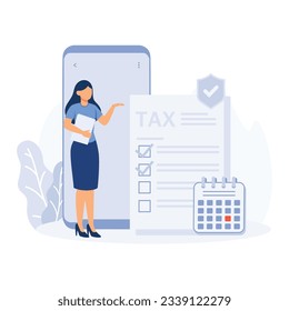Taxation planning concept. Characters using tax calendar to filling tax declaration form online and with financial adviser.  flat vector modern illustration
