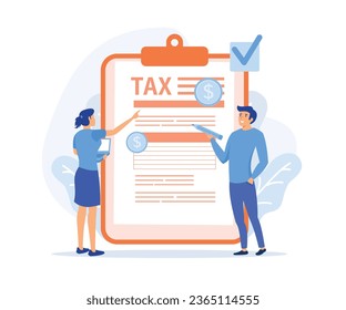 Taxation planning concept. Characters using tax calendar to filling tax declaration form online and with financial advice, flat vector modern illustration 