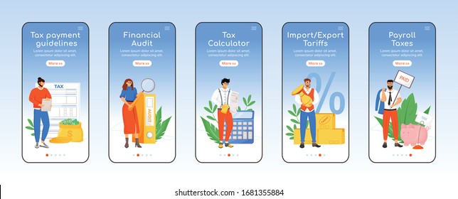 Taxation policy onboarding mobile app screen flat vector template. Taxes and payments walkthrough website steps with characters. UX, UI, GUI smartphone cartoon interface, case prints set
