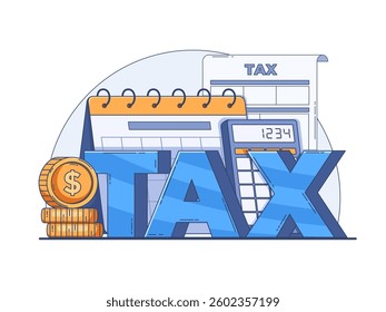 Taxation vector illustration, featuring a stack of coins, a calendar, a calculator and a tax document in the background, representing tax, accounting, budgeting and financial management.