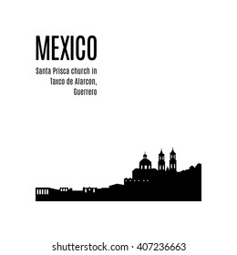 Taxco City skyline silhouette panorama modern typographic design. Mexico landmark vector illustration. View of Santa Prisca church in Taxco de Alarcon, Guerrero, Mexico. Architecture of Mexican city