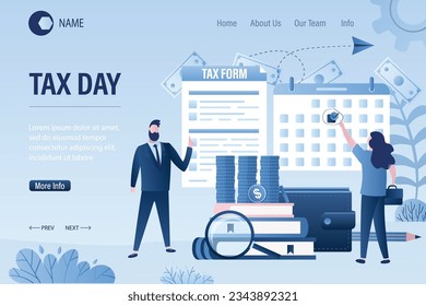 Taxday landing page template. Businesspeople with tax form and calendar. Account books with magnifying glass, pile of coins. Male boss and female accountant. Filling and submitting tax reports. Vector