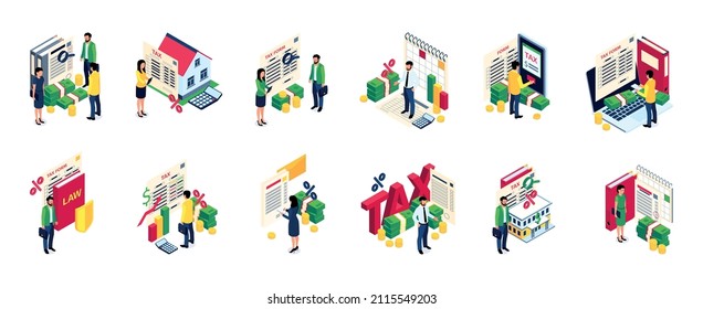 Taxes accounting color set with calendar balance sheet online declaration businessman accountant inspector isometric icons vector illustration