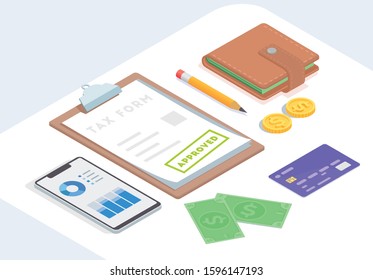 Taxes accounting isometric composition with images of pencil paperwork money credit card and smartphone on table vector illustration