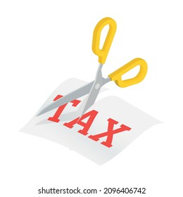 Taxes accounting isometric composition with isolated image of text sheet being cut by scissors vector illustration