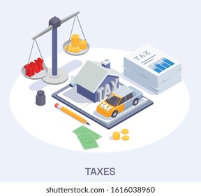 Taxes accounting isometric composition with text round spot and images of various financial objects with shadows vector illustration