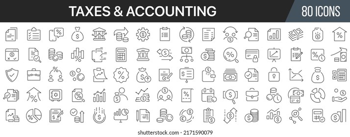 Taxes and accounting line icons collection. Big UI icon set in a flat design. Thin outline icons pack. Vector illustration EPS10