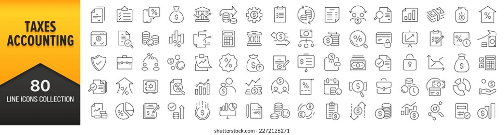 Taxes and accounting line icons collection. Big UI icon set in a flat design. Thin outline icons pack. Vector illustration EPS10