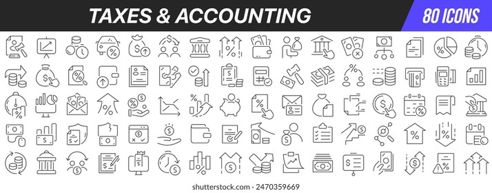 Taxes and accounting line icons collection. Big UI icon set in a flat design. Thin outline icons pack. Vector illustration EPS10