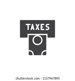 Taxes atm vector icon. filled flat sign for mobile concept and web design. Money bill in tax pay machine simple solid icon. Symbol, logo illustration. Pixel perfect vector graphics