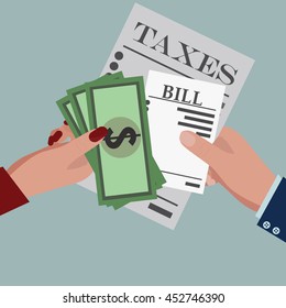 Taxes, bill paid,  and money. Flat design for business financial marketing banking advertisement office people property in minimal concept cartoon illustration.