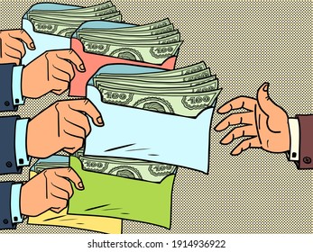 taxes or bribes concept dollars in an envelope. Cartoon comic book pop art illustration drawing