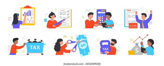 Taxes for business concept. Men and women count profits and pay interest to state. Difficult situation with taxation. Financial analysis. Cartoon flat vector collection isolated on white background