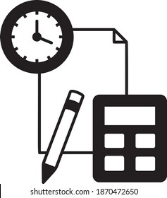 Taxes calculation and audit Concept, Clock Pen and calculator Vector glyph Icon Design, Compulsory Financial charges and Taxation Symbol on White Background, Levy Sign