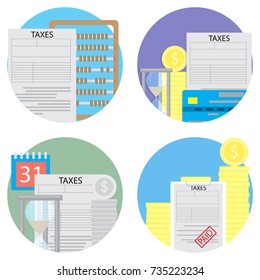 Taxes count and pay a set of icons. Vector tax and money, calculator and taxes due, accounting taxes money illustration