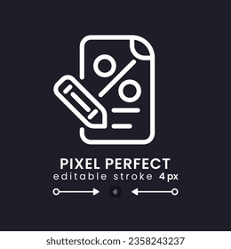 Taxes document white linear desktop icon on black. Interest rate. Bank agreement. Business fee. Pixel perfect, outline 4px. Isolated user interface symbol for dark theme. Editable stroke