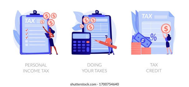 Taxes and fees paying. Financial charge, obligatory payment calculating. Personal income tax, doing your taxes, tax credit metaphors. Vector isolated concept metaphor illustrations