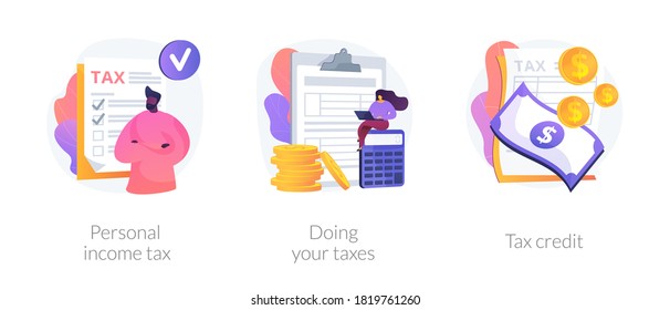 Taxes and fees paying. Financial charge, obligatory payment calculating. Personal income tax, doing your taxes, tax credit metaphors. Vector isolated concept metaphor illustrations