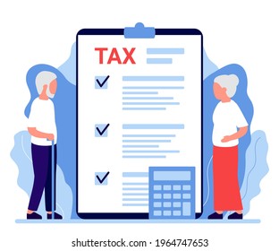 Taxes fees paying law senior, pension insurance. Financial charge, obligatory payment calculating, expenses. Financial literacy of retirees. Personal income tax, doing taxes, tax credit. Vector