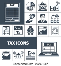Taxes and fees payment and contribution date flat silhouette icon set isolated vector illustration