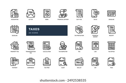 Taxes finance business detailed outline line icon set
