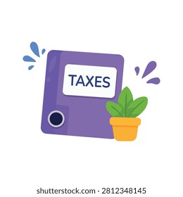 Taxes folder icon. Purple office binder with tax documents and small potted plant. Accounting, finance and business administration concept. Flat vector illustration isolated on white background.