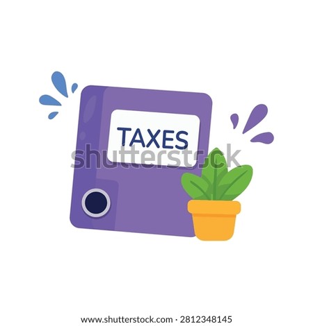 Taxes folder icon. Purple office binder with tax documents and small potted plant. Accounting, finance and business administration concept. Flat vector illustration isolated on white background.