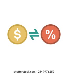 Taxes icon, money and percent with arrow isolated on transparent background. Minimalist vector illustration.