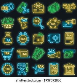 Taxes icon set. Outline set of taxes vector icons neon color on black
