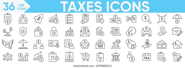 Taxes icon set. tax deduction, payment, tax accounting, financial statement, savings, investment, calculator, audit, duties, taxation, income and more.Vector and illustrator set.