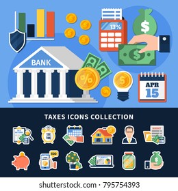 Taxes icons collection with budget planning, duty calculation, document forms, money, computer technologies isolated vector illustration