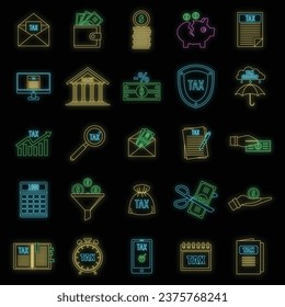 Taxes icons set. Outline illustration of 25 taxes vector icons neon color on black