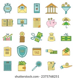 Taxes icons set. Outline illustration of 25 taxes vector icons thin line color flat on white