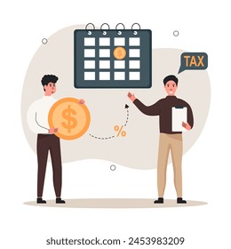  Taxes illustration. Сharacter calculates the percentage of tax that must be paid on the income. Сharacter with a magnifying glass. Taxation planning concept. Taxation concept. Vector illustration