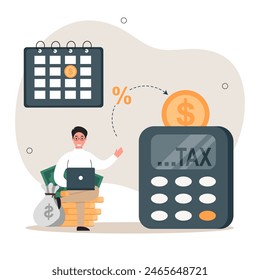 Ilustración de impuestos. Сcarácter rellena una declaración de impuestos, calcula el porcentaje de impuestos por trimestre y paga el impuesto. Concepto de planificación fiscal. Ilustración vectorial.