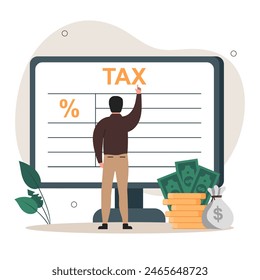 Ilustración de impuestos. Сcarácter rellena una declaración de impuestos, calcula el porcentaje de impuestos por trimestre y paga el impuesto. Concepto de planificación fiscal. Ilustración vectorial.