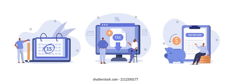 Taxes illustration set. Character consulting with financial advisor, preparing and sending online tax declaration, getting tax return. Taxation concept. Vector illustration.
