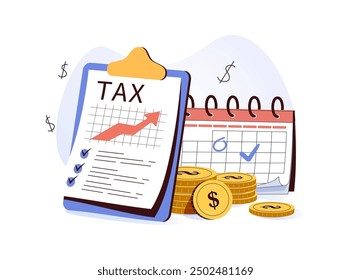 Taxes illustration set. Characters using tax calendar to filling tax declaration form online and with financial advisor. Taxation planning concept. Vector illustration.