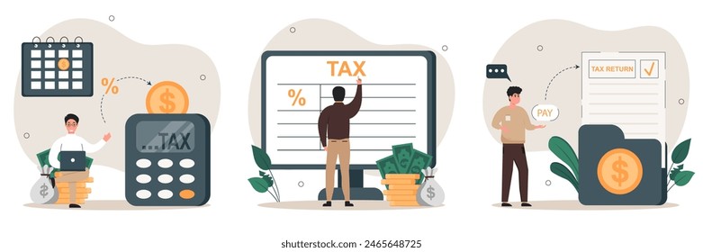 Taxes illustration set. Сharacter fills out a tax return, calculates the tax percentage by quarter and pays the tax. Taxation planning concept. Vector illustration.