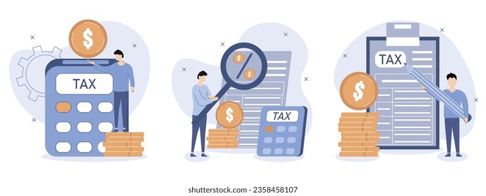 Taxes illustration set.  Taxation planning concept.Characters fill out a tax declaration, calculate the amount of taxes paid, pay taxes. Vector illustration.