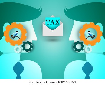 Taxes and jobs,Businessman running in gear or cog sign in side of the human's head with tax envelope,documents on green background. Concept business vector illustration eps10.