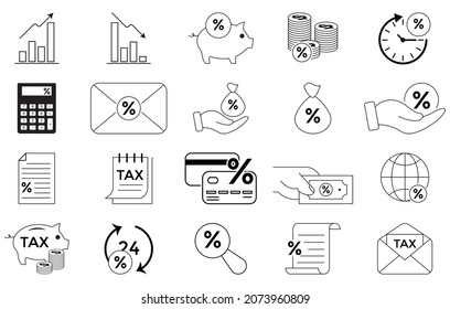 Taxes, loans, fees and finance icons set. Contains Icons like Taxes, Money Management, Handshake and more. vector illustration. Editable Stroke