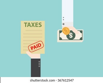 TAXES paid and MONEY. Flat design for business financial marketing banking advertisement office people property in minimal concept cartoon illustration.
