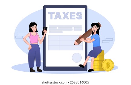 Taxes Paid stamp on the online document form. Payment of taxation online through the web service. Girl happy to pay taxes on time. Cartoon flat vector illustration.